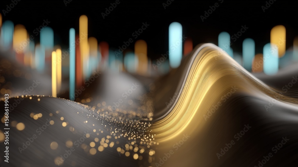 Poster Abstract Golden Black Wave with Dynamic Light Streaks and Sparkling Particle Effects in a Futuristic Digital Design Illustration