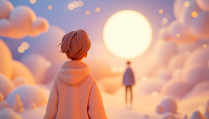 A woman gazes into the distance as a man walks toward her, backlit by soft golden light under a bright pastel sky.