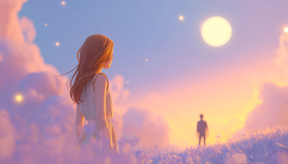 A woman gazes into the distance as a man walks toward her, backlit by soft golden light under a bright pastel sky.