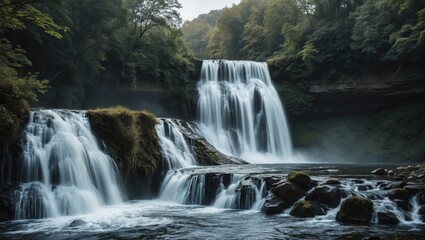Fototapeta premium A waterfall scene with flowing water over rocks surrounded by lush trees and greenery. Nature, landscape, water, and forest images.