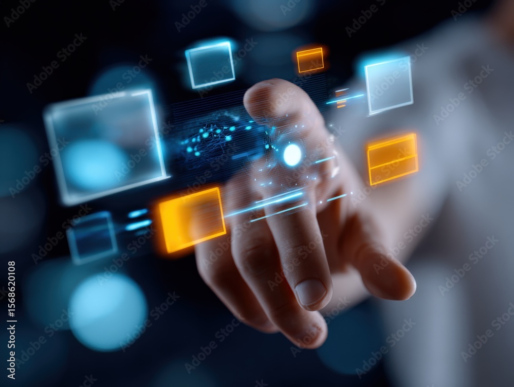 Leinwandbilder Futuristic digital interface with holographic transparent screens and colorful data visualizations in a modern technological environment