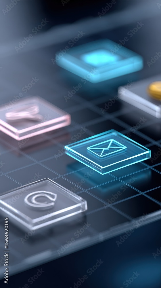 Poster Futuristic digital interface with glowing email and messaging icons on transparent touchscreen display with technological design elements