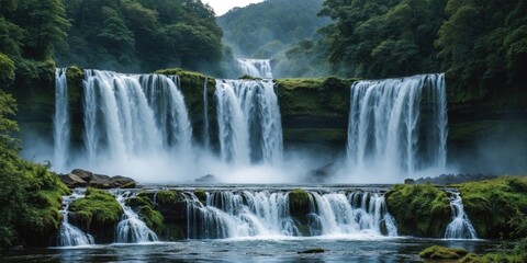 Fototapeta premium Waterfall in a lush green forest with cascading streams and mist, scenic landscape. Nature and waterfall, landscape. The concept of natural beauty and serenity.