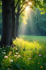 Sun-dappled Beech Meadow Tranquil Woodland Wildflowers Blooming in Peaceful Natural Beauty