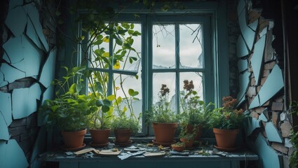 Abandoned indoor space with a window displaying overgrown plants and debris, surrounded by cracked walls and broken glass.