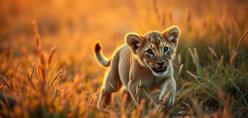 Golden-hour lion cub playfully chasing its tail in tall grass,  mammal,  design element