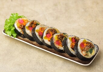 Kimbap or also known as gimbap is a typical Korean rice roll