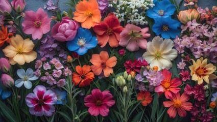 Colorful spring flowers in various shades including pink, orange, blue, purple, and white, creating a vibrant floral display.
