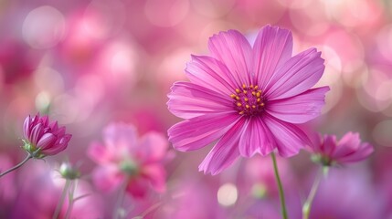 Pink cosmos blossom with yellow center stands tall amid a field of out-of-focus pink flowers
