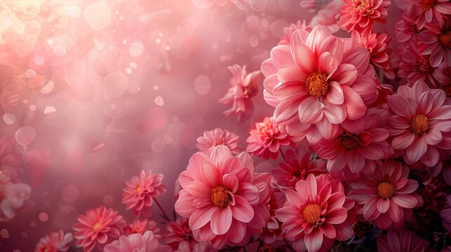 Pink dahlias bloom against a bokeh background of glowing hearts and light spots - Powered by Adobe