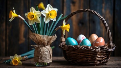 Bouquet of daffodils in a rustic wrapped bouquet and a basket of colorful Easter eggs. Springtime and holiday celebration. Traditional spring decorations and festive eggs.