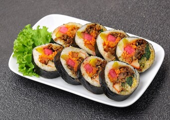 Kimbap or also known as gimbap is a typical Korean rice roll