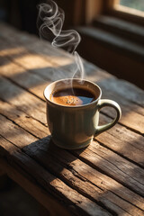 cozy steam rising from hot brown coffee mug on rustic wooden table morning sunlight calm warm drink aesthetic vibe wallpaper background
