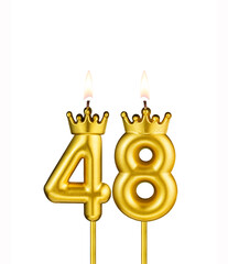 Golden number 48 birthday candle on white background