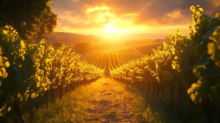 A sunlit vineyard evokes serenity, its rows bathed in the sunset's golden glow. Rolling hills and lush grapevines create a picturesque Weather Theme landscape at twilight.