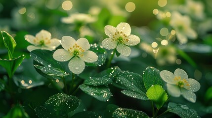 Dew-kissed white flowers bloom among lush green leaves in gentle light