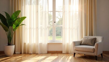 Sheer Window Curtains Gently Billowing in Sunlight, Adding Elegance and Privacy to a Bright Room