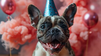 Smiling French Bulldog wearing party hat in front of pink balloon cloud