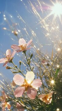 Close-up video of delicate pink flowers glistening in sunlight, captured from a low angle, creating a dreamy, sparkling effect. Live mobile wallpaper.