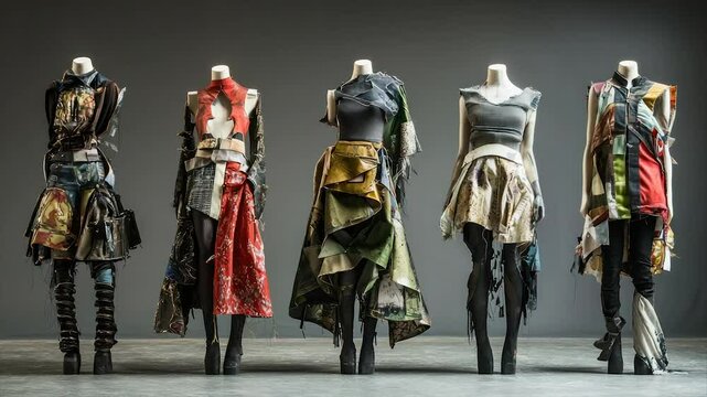 Unique, avant-garde clothing collection displayed on mannequins.  Intricate patchwork designs, distressed textures, and unconventional silhouettes