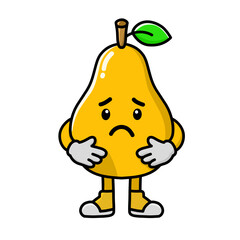sad pear cartoon character, pear icon, pear logo, good as sticker or emot.