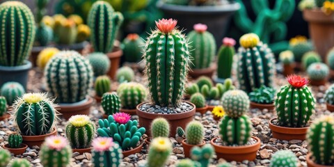 Fototapeta premium Various potted cacti and succulents arranged together, showcasing different shapes and colors. Nature and gardening, concept. Plant diversity and care. The theme of desert plants.