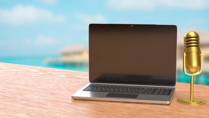 The Laptop and microphone for Pod cast or social media 3d render.