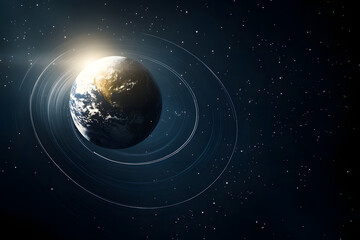 3D view of Earth's orbit showing equinox position, sun rays striking equator perpendicularly, clear celestial composition