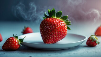 Fresh strawberries on a white plate with steam rising, showcasing the freshness and aroma of strawberries. Juicy fruit presentation and natural freshness concept.
