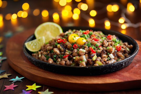 Macro photography of freshly cooked Sisig on a sizzling cast-iron plate, garnished with chopped red chilies and calamansi slices