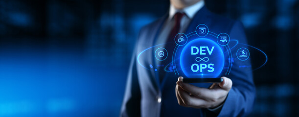 Businessman holding smartphone with Dev Ops Development Operations icons on screen