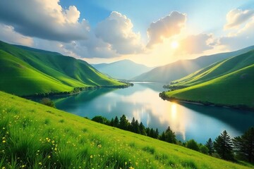 Serene Lake and Rolling Green Hills Idyllic Sunlight Bathes Picturesque Landscape