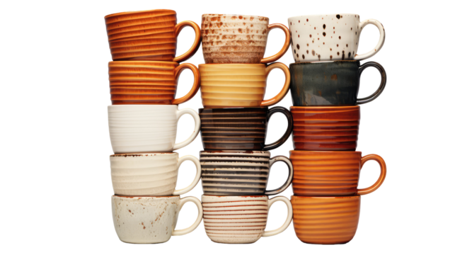 Stack of Ceramic Cups in Descending Size Order on Transparent Background


