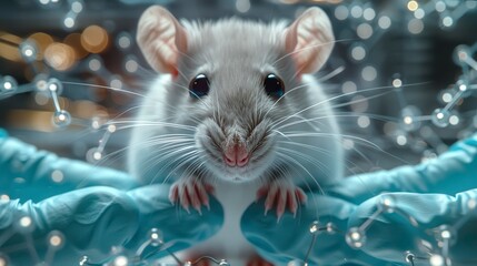 White lab rat being held by gloved hands amidst interconnected nodes
