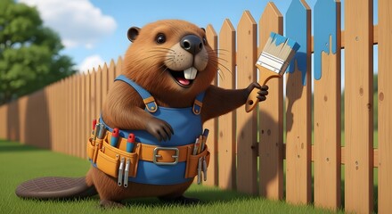An anthropomorphic animal painting a wooden fence with blue paint. The animal wears a tool belt and overalls in a sunny outdoor setting with green grass and a blurred background.