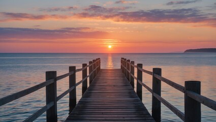 Fototapeta premium Sunset over calm water with a wooden pier extending into the distance, creating a peaceful and scenic view.
