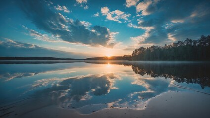 Serene lake at sunset with reflected clouds and sky, natural landscape, peaceful evening scene with trees and water.