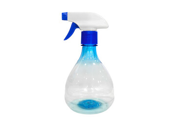 Clear plastic spray bottle with blue trigger and white nozzle on transparent background
