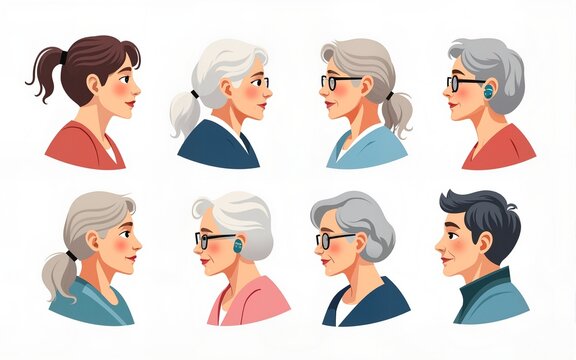 set of A person wearing a hearing aid, modern design of a hearing aid, an elderly woman wearing a hearing aid, a hearing aid of an elderly person, World Hearing Day, on a transparent backgrounds