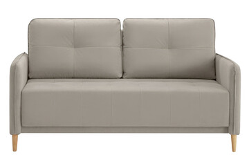 Modern light gray sofa with wooden legs and minimalist design on transparent background
