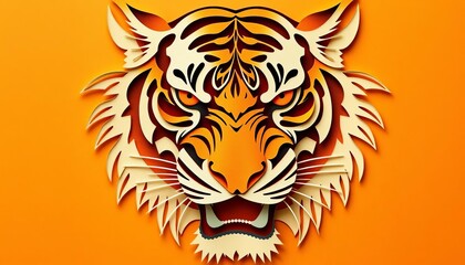 Intricate layered paper cut tiger head, fierce expression, high-resolution image,  illustration,  graphic