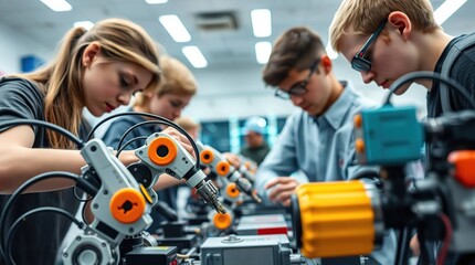 Teens building robots in lab.