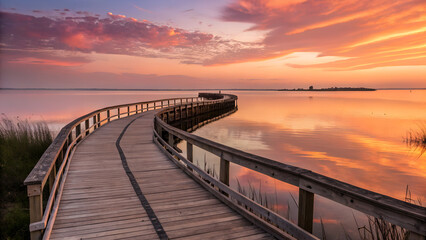 Serene Sunset A Wooden Boardwalk Curves Gracefully into a Calm Bay