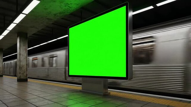 Green Screen Advertising Billboard Inside A Subway Station with Moving Train