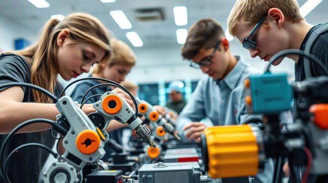 Teens building robots in lab.