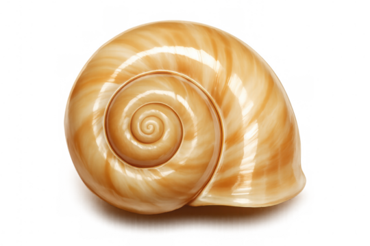 Studio shot of a polished seashell with transparent background, highlighting its spiral structure and intricate patterns
