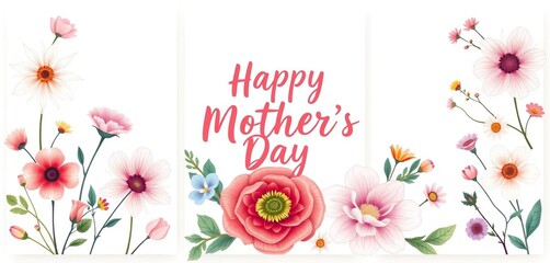 Happy Mother's Day spring floral cards; elegant hand-drawn blooms, trendy vector templates for festive ads,  advertisement, spring