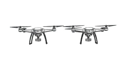 Two Drones with Sketch, and White Background.