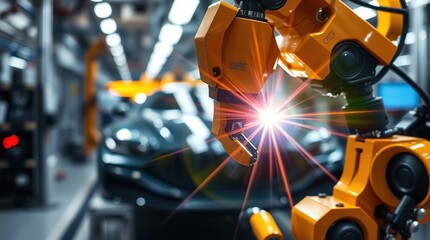 Robotic arm with light flares in factory