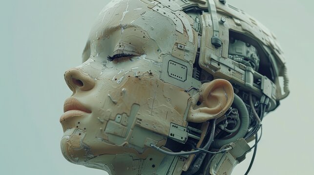 Robotic woman with skin, metallic details. Wires and circuitry visible. Eyes are shut. Sky background